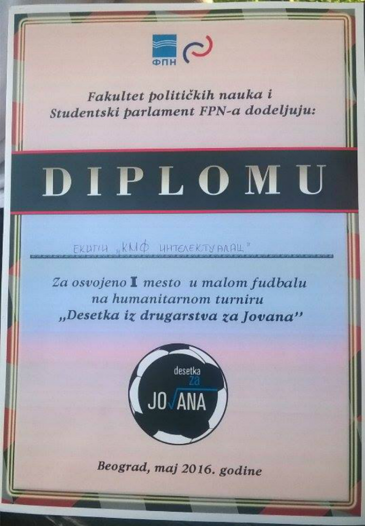 Diploma KMF Intelektualac - Humanost na delu